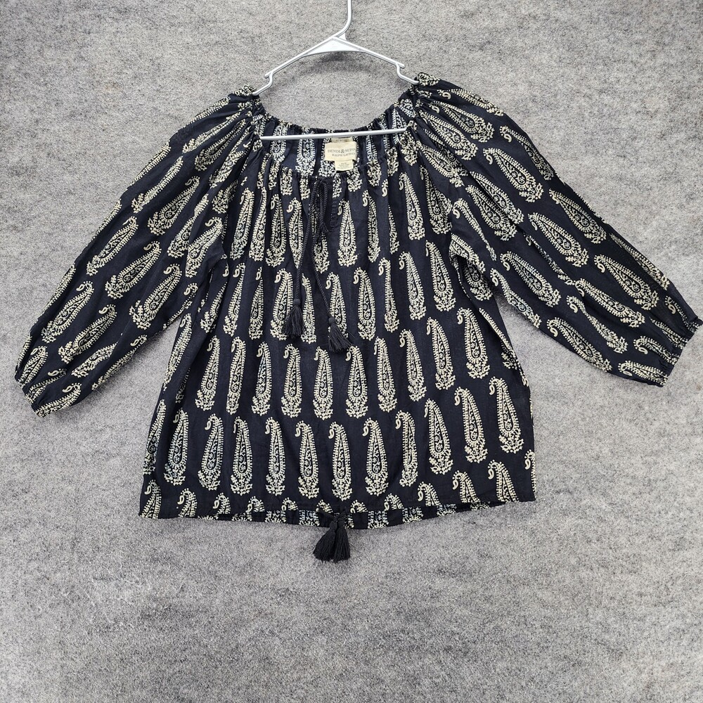 Denim Supply Shirt Womens XS RL Boho 3/4 Sleeve Black Paisley